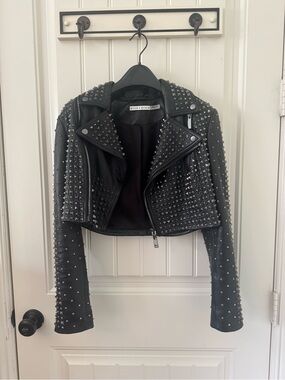 Alice + Olivia Black Studded Cropped Leather Moto Jacket